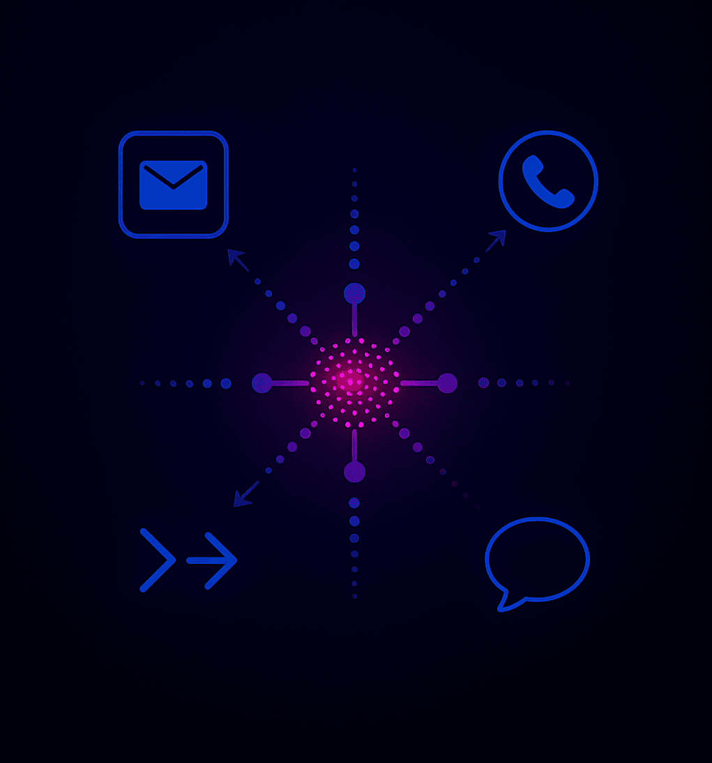 Schematische Darstellung des Communication Hub: Voice, CRM und Follow-up vernetzt in einem zentralen System.